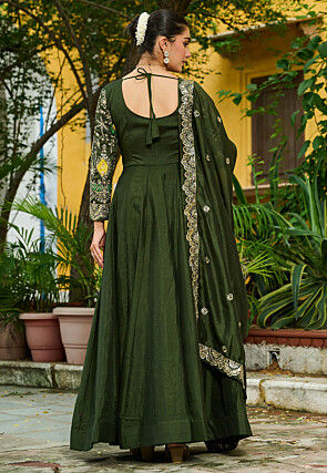 Embroidered Art Silk Abaya Style Suit in Dark Olive Green