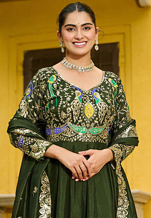 Embroidered Art Silk Abaya Style Suit in Dark Olive Green