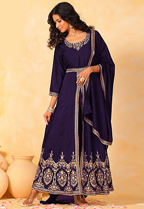 Embroidered Art Silk Abaya Style Suit in Dark Purple