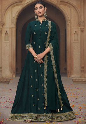 Embroidered Art Silk Abaya Style Suit in Dark Teal Green