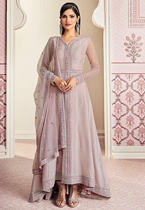 Embroidered Art Silk Abaya Style Suit in Dusty Lilac