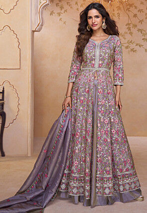 Embroidered Art Silk Abaya Style Suit in Dusty Purple