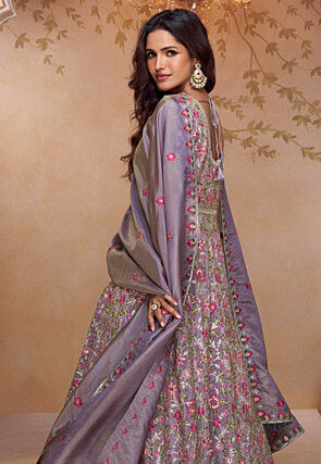 Embroidered Art Silk Abaya Style Suit in Dusty Purple