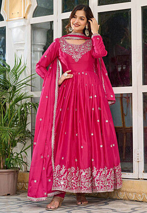 Embroidered Art Silk Abaya Style Suit in Fuchsia