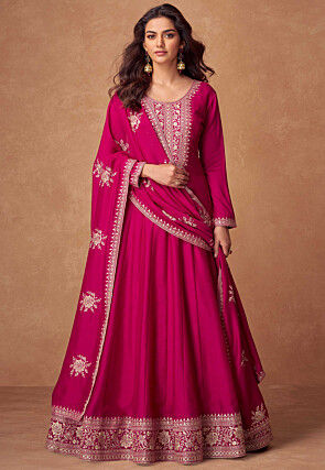 Embroidered Art Silk Abaya Style Suit in Fuchsia