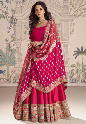 Embroidered Art Silk Abaya Style Suit in Fuchsia