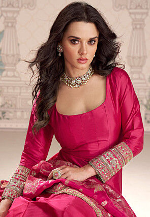 Embroidered Art Silk Abaya Style Suit in Fuchsia