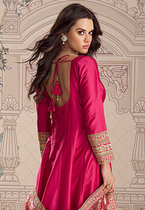 Embroidered Art Silk Abaya Style Suit in Fuchsia