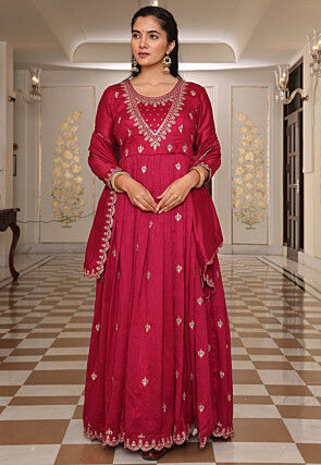Embroidered Art Silk Abaya Style Suit in Fuchsia