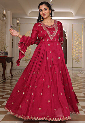 Embroidered Art Silk Abaya Style Suit in Fuchsia