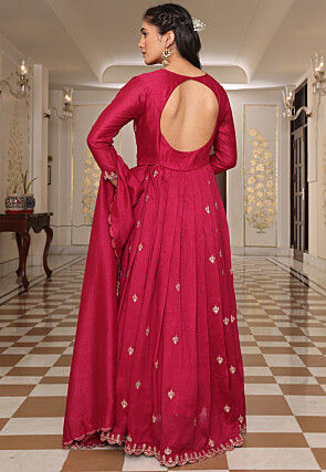 Embroidered Art Silk Abaya Style Suit in Fuchsia