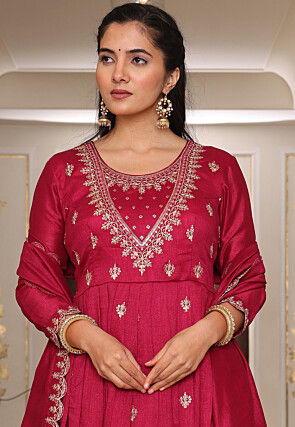 Embroidered Art Silk Abaya Style Suit in Fuchsia