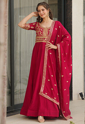 Embroidered Art Silk Abaya Style Suit in Fuchsia