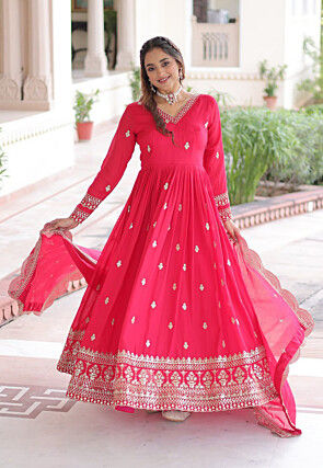 Embroidered Art Silk Abaya Style Suit in Fuchsia