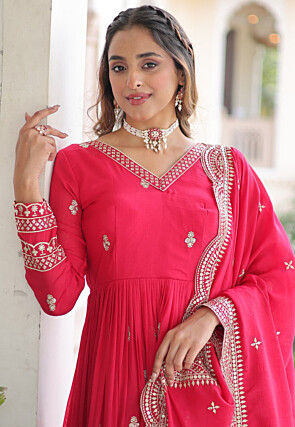 Embroidered Art Silk Abaya Style Suit in Fuchsia