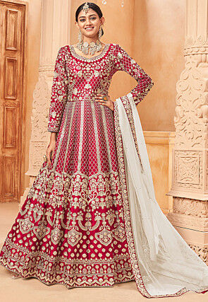 Embroidered Art Silk Abaya Style Suit in Fuchsia
