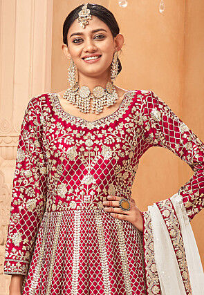 Embroidered Art Silk Abaya Style Suit in Fuchsia