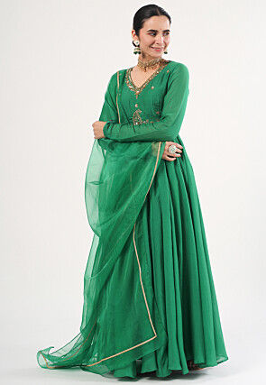 Embroidered Art Silk Abaya Style Suit in Green