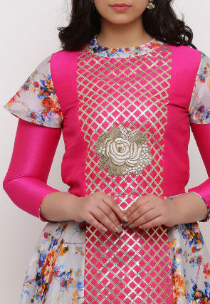 Embroidered Art Silk Abaya Style Suit in Grey and Fuchsia