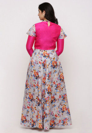 Embroidered Art Silk Abaya Style Suit in Grey and Fuchsia