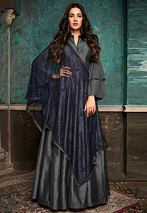 Embroidered Art Silk Abaya Style Suit in Grey