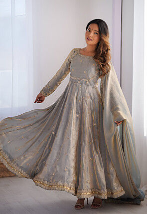 Embroidered Art Silk Abaya Style Suit in Grey