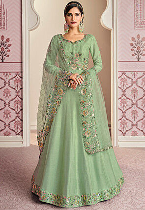 Embroidered Art Silk Abaya Style Suit in Light Green