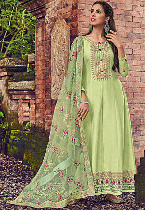 Embroidered Art Silk Abaya Style Suit in Light Green