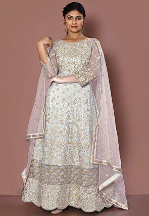 Embroidered Art Silk Abaya Style Suit in Light Grey