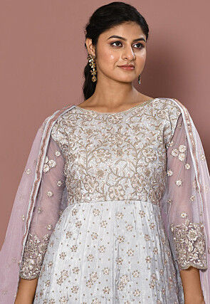 Embroidered Art Silk Abaya Style Suit in Light Grey