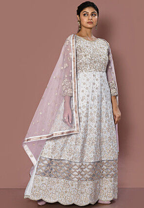 Embroidered Art Silk Abaya Style Suit in Light Grey