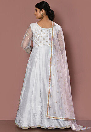 Embroidered Art Silk Abaya Style Suit in Light Grey