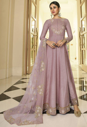 Embroidered Art Silk Abaya Style Suit in Light Old Rose