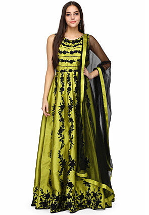 Embroidered Art Silk Abaya Style Suit in Light Olive Green
