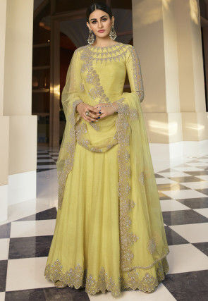 Embroidered Art Silk Abaya Style Suit in Light Yellow
