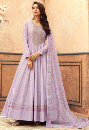 Embroidered Art Silk Abaya Style Suit in Lilac