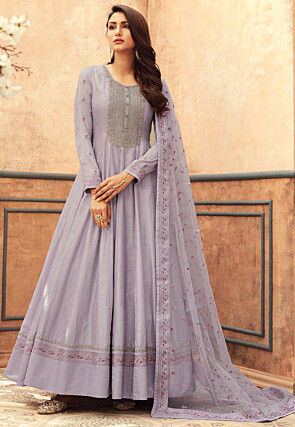 Embroidered Art Silk Abaya Style Suit in Lilac