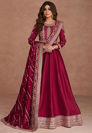 Embroidered Art Silk Abaya Style Suit in Magenta