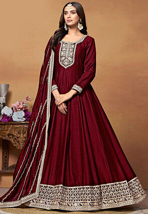 Embroidered Art Silk Abaya Style Suit in Maroon