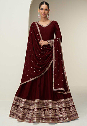 Embroidered Art Silk Abaya Style Suit in Maroon