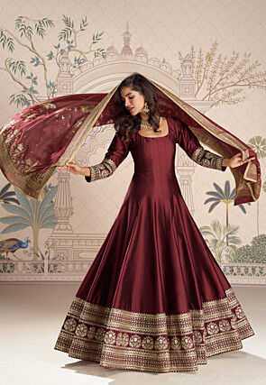 Embroidered Art Silk Abaya Style Suit in Maroon
