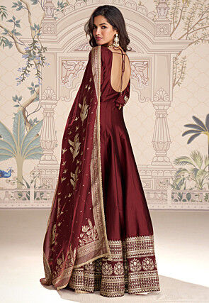 Embroidered Art Silk Abaya Style Suit in Maroon