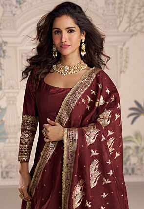 Embroidered Art Silk Abaya Style Suit in Maroon