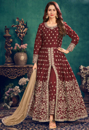 Embroidered Art Silk Abaya Style Suit in Maroon