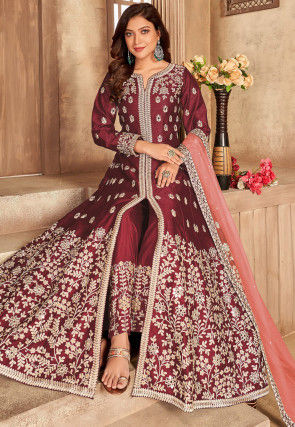 Embroidered Art Silk Abaya Style Suit in Maroon