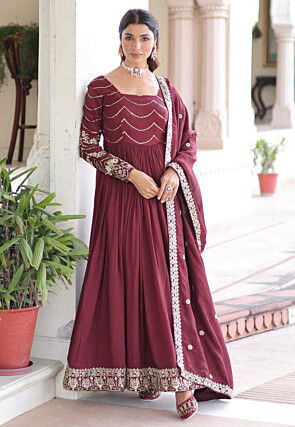 Embroidered Art Silk Abaya Style Suit in Maroon