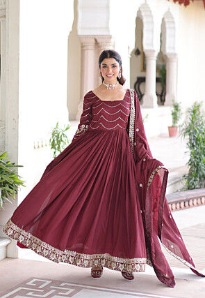 Embroidered Art Silk Abaya Style Suit in Maroon