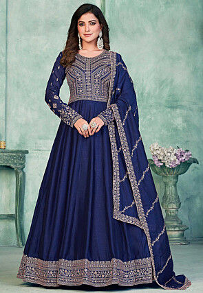 Embroidered Art Silk Abaya Style Suit in Navy Blue