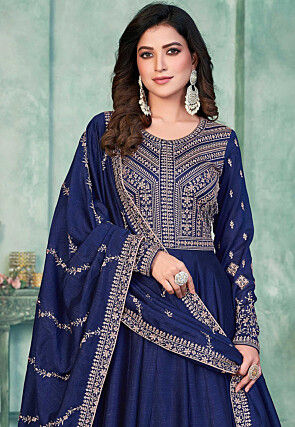 Embroidered Art Silk Abaya Style Suit in Navy Blue