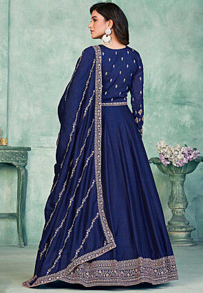 Embroidered Art Silk Abaya Style Suit in Navy Blue